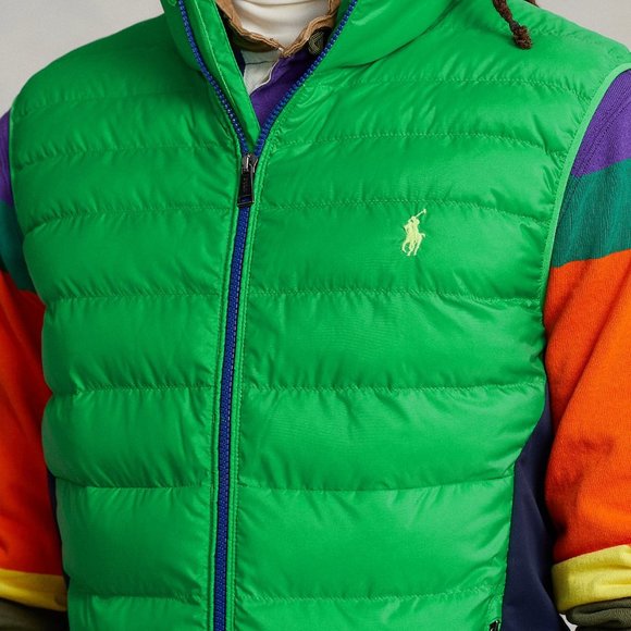 NWT POLO RALPH LAUREN MEN'S PACKABLE DOWN VEST NEON GREEN NAVY BLUE $240 - Picture 2 of 9